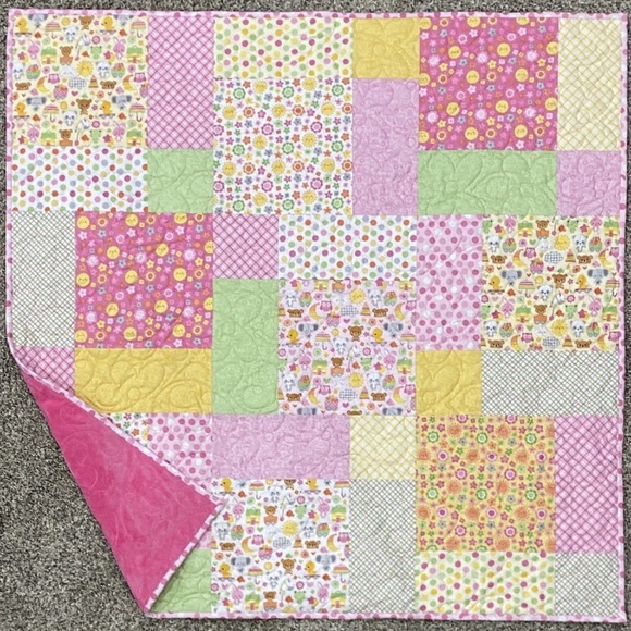 Baby Girl Quilt Blanket Handmade Toddler Child Kid Pink Yellow Minky Riley Blake - Picture 2 of 6